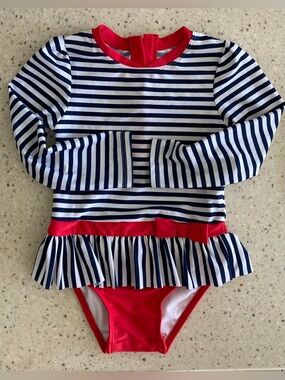 ☀️🕶️⛱️🕶️☀️Cat & Jack Navy and White Striped One-Piece Swimsuit with Red Trim